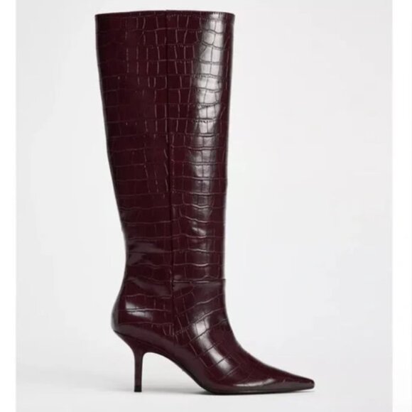 Zara Shoes - ZARA - Croc Print Burgundy Knee High Boots - 9 NWT